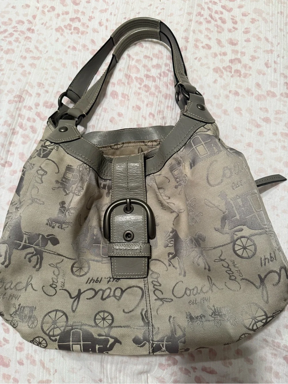 Coach Taupe Gray Logo Hobo Bag with Leather Trim